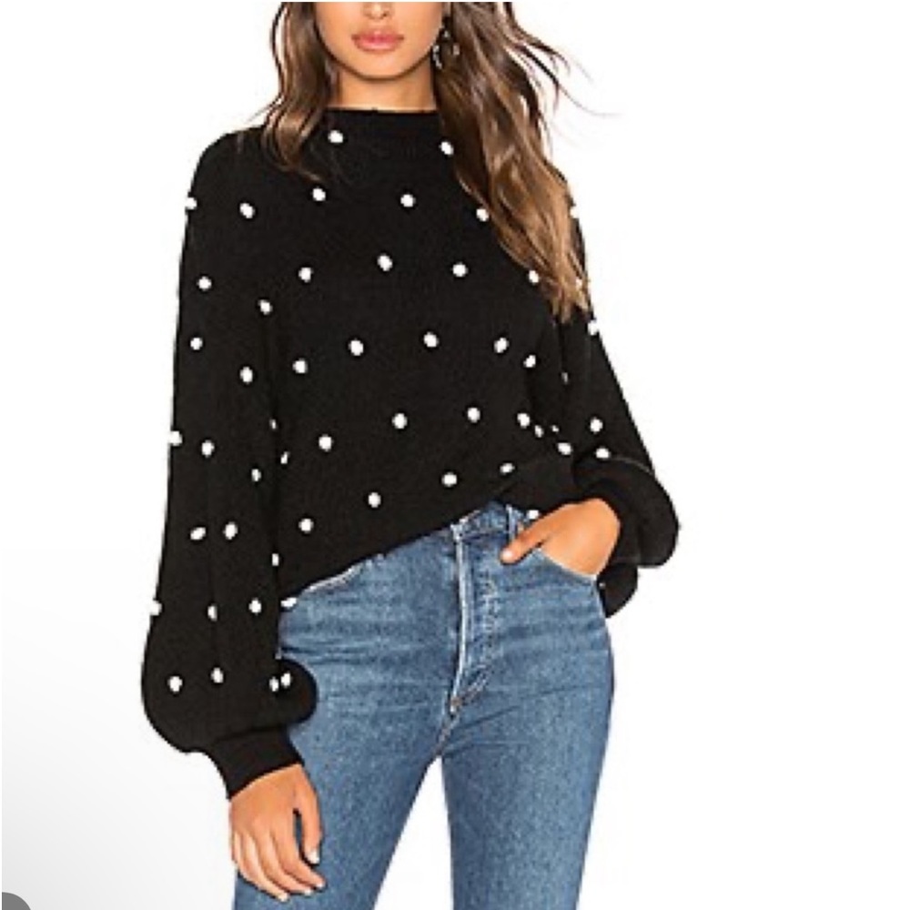 Saylor Christie Sweater Women’s Black White Pom Pom Dotted Pullover‎ Puff Sleeve